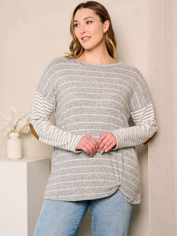 PLUS SIZE LONG SLEEVE ELBOW PATCHED STRIPES TOP
