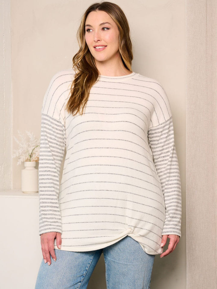 PLUS SIZE LONG SLEEVE ELBOW PATCHED STRIPES TOP