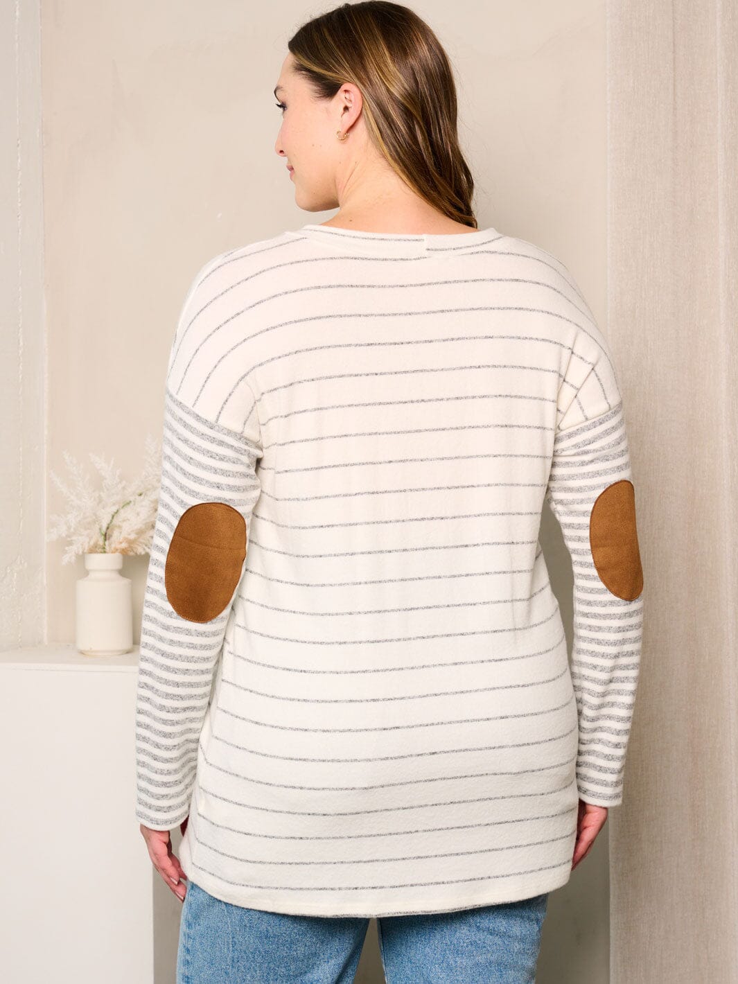 PLUS SIZE LONG SLEEVE ELBOW PATCHED STRIPES TOP