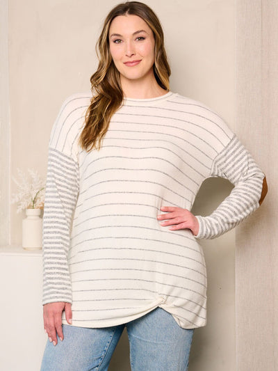 PLUS SIZE LONG SLEEVE ELBOW PATCHED STRIPES TOP