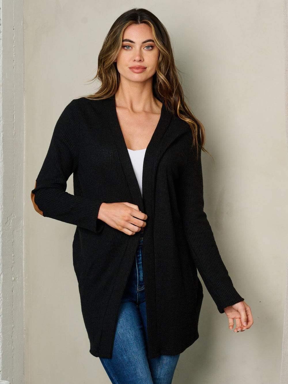 WOMEN'S LONG SLEEVE ELBOW PATCHES FRONT POCKETS OPEN CARDIGAN