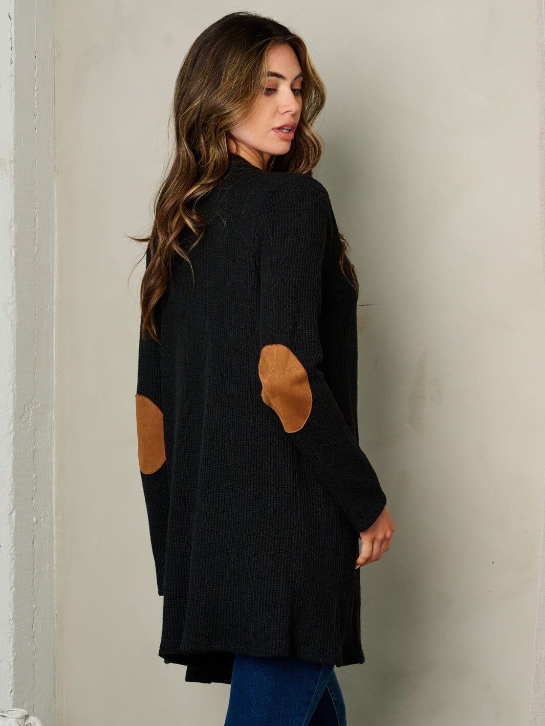 WOMEN'S LONG SLEEVE ELBOW PATCHES FRONT POCKETS OPEN CARDIGAN