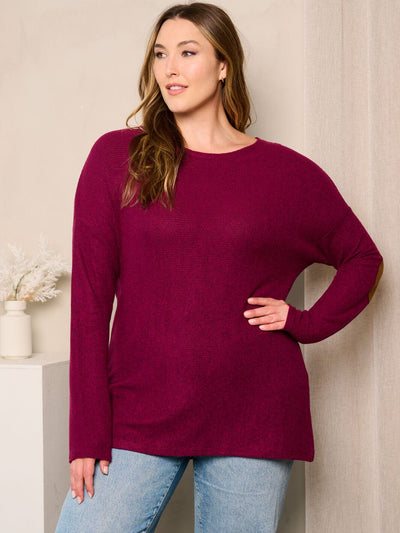 PLUS SIZE LONG SLEEVE ELBOW PATCHED TUNIC TOP