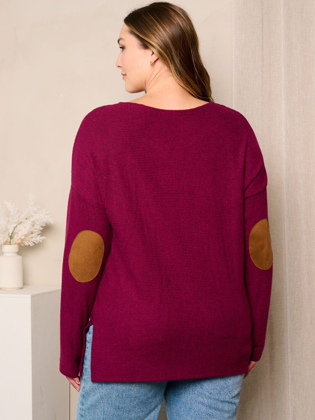 PLUS SIZE LONG SLEEVE ELBOW PATCHED TUNIC TOP