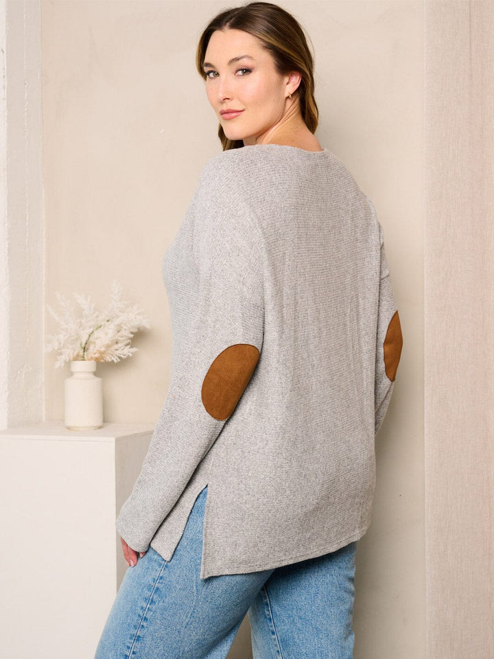 PLUS SIZE LONG SLEEVE ELBOW PATCHED TUNIC TOP