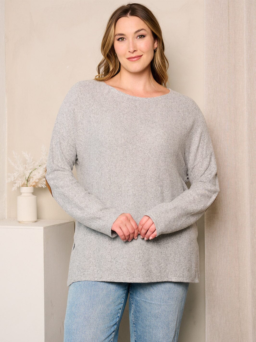PLUS SIZE LONG SLEEVE ELBOW PATCHED TUNIC TOP