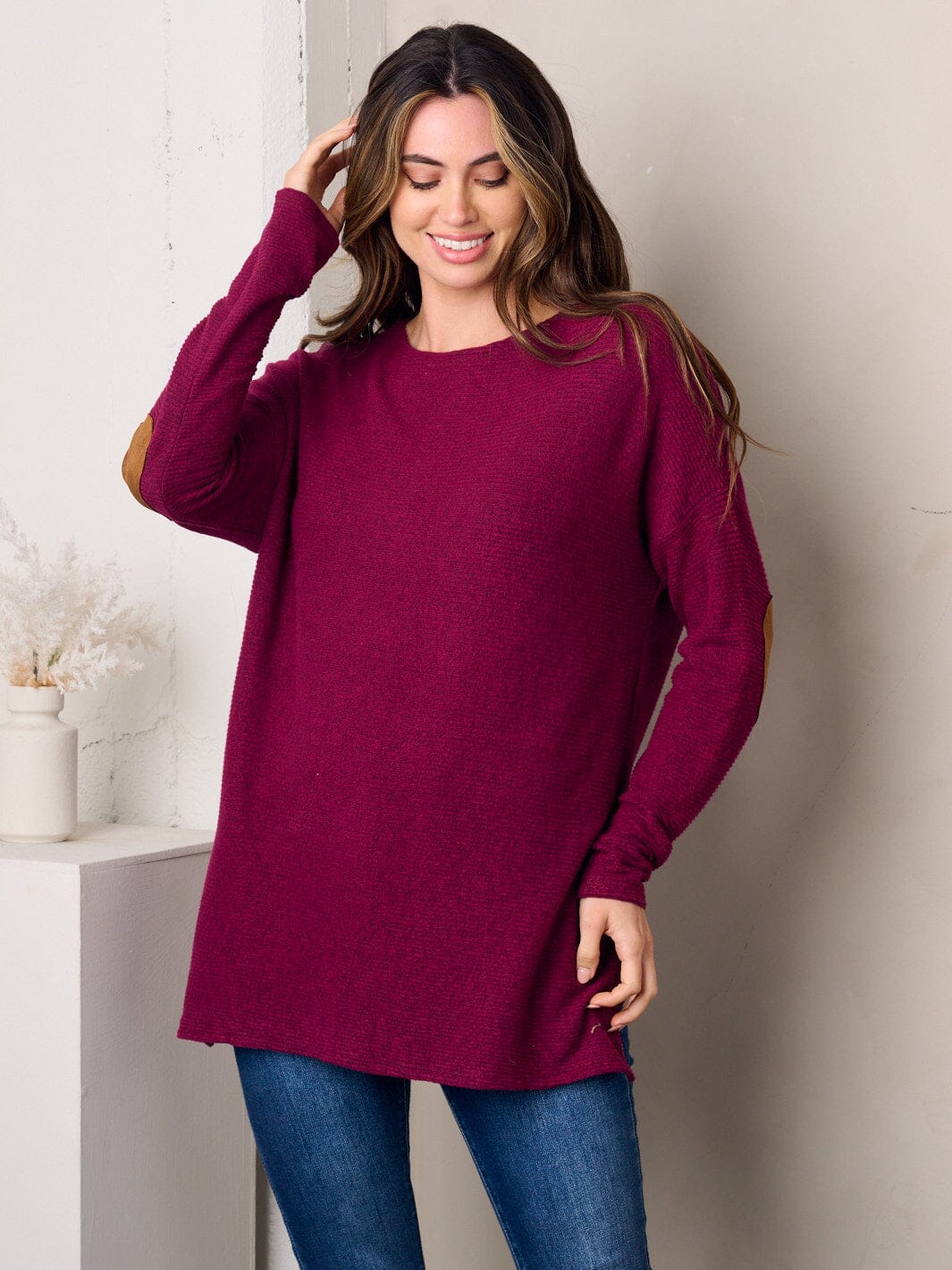 WOMEN'S LONG SLEEVE ELBOW PATCH TUNIC TOP