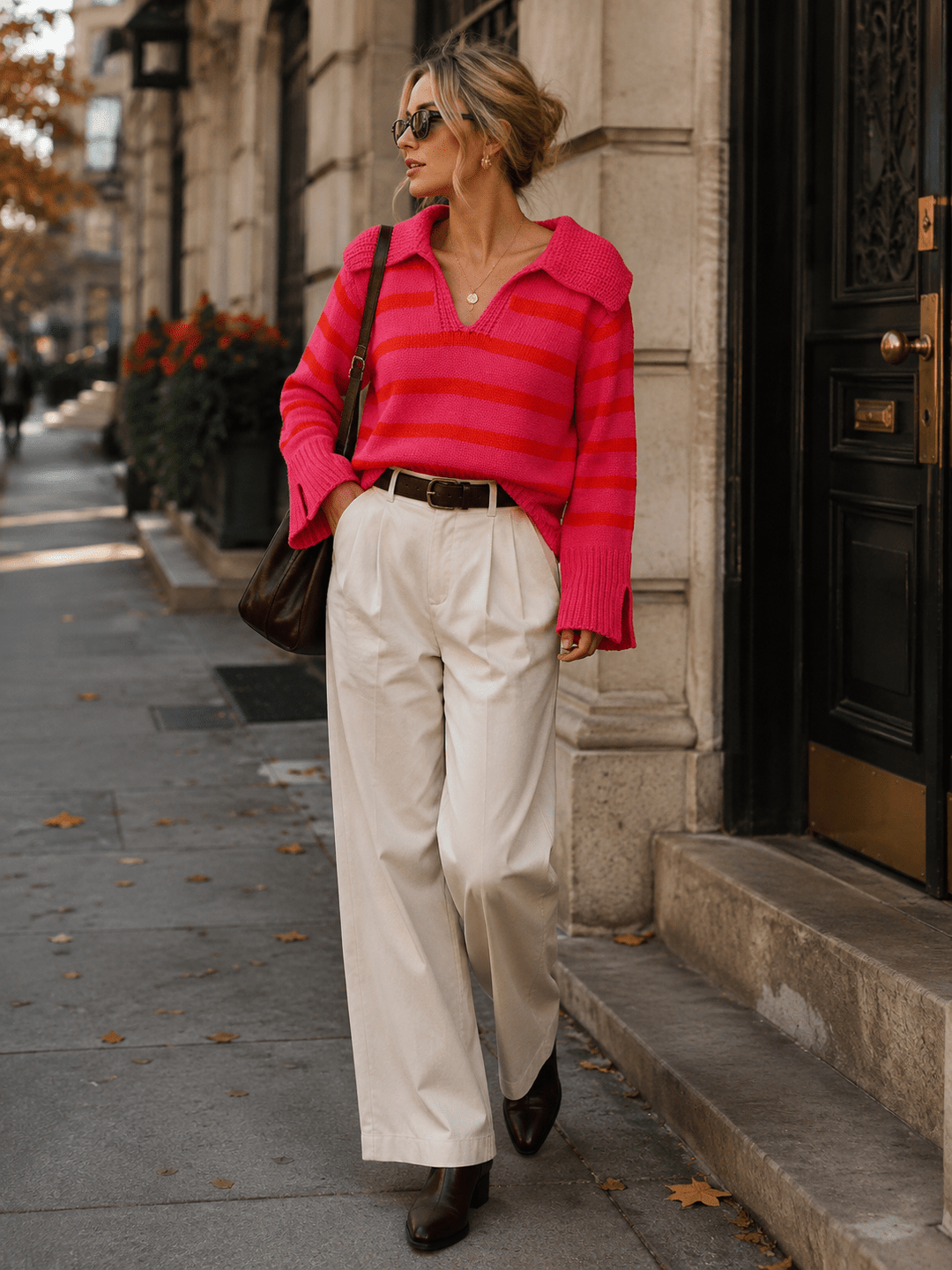 WOMEN'S LONG SLEEVE V-NECK COLORBLOCK STRIPES PULLOVER SWEATER