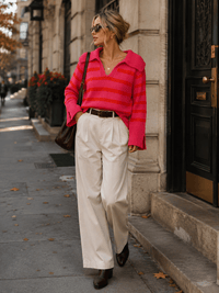 WOMEN'S LONG SLEEVE V-NECK COLORBLOCK STRIPES PULLOVER SWEATER
