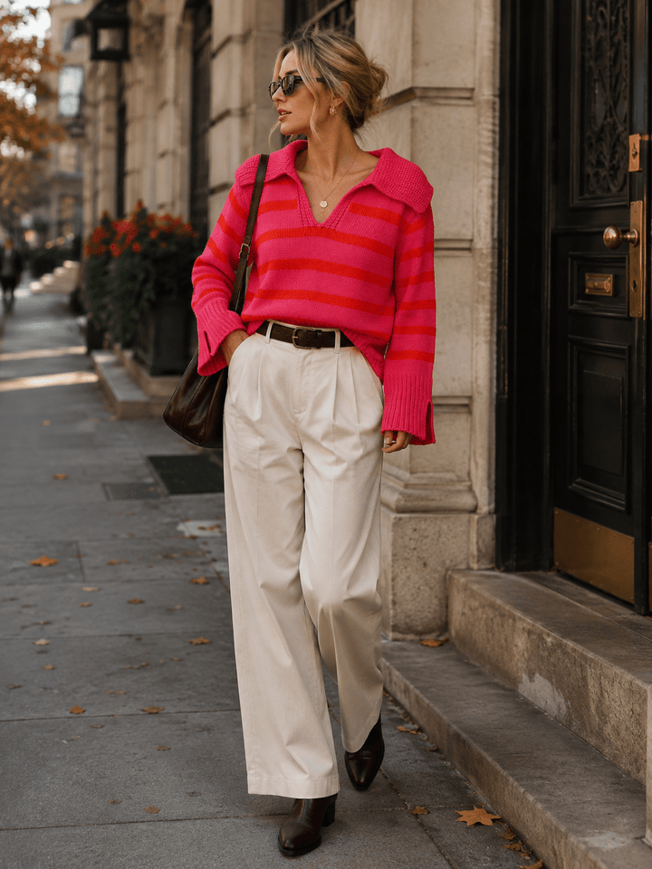 WOMEN'S LONG SLEEVE V-NECK COLORBLOCK STRIPES PULLOVER SWEATER