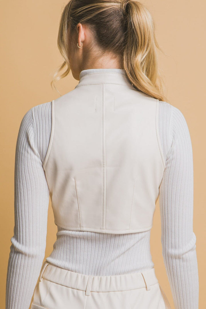 WOMEN'S SLEEVELESS ZIP UP PU PLEATHER CROP TOP