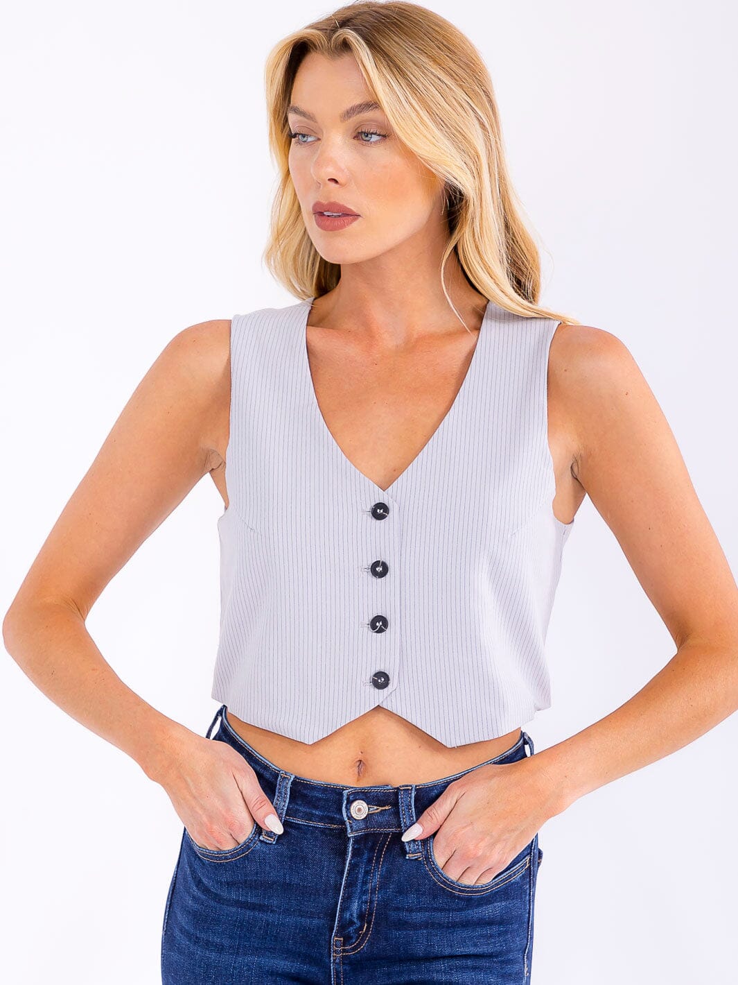 WOMEN'S BUTTON CLOSURE V-NECK STRIPES VEST
