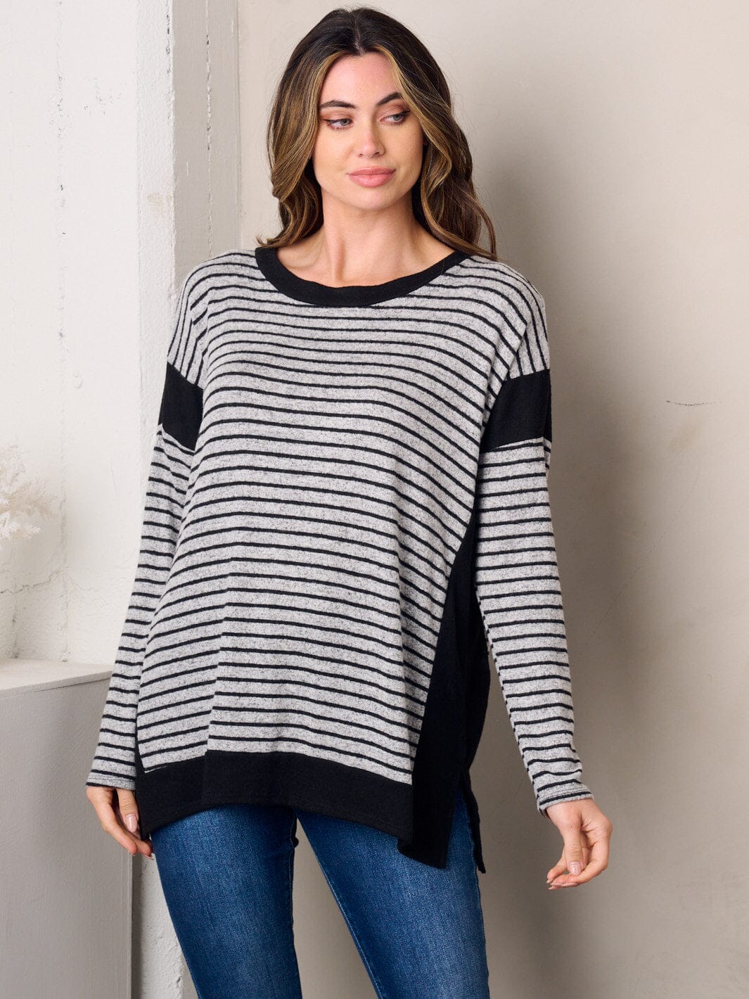 WOMEN'S LONG SLEEVE COLORBLOCK STRIPES TUNIC TOP