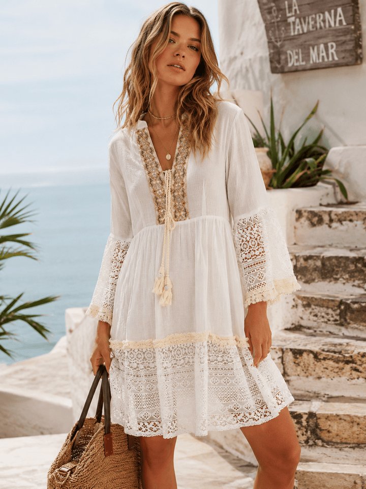 WOMEN'S LONG BELL SLEEVE V-NECK SEQUINS CROCHET TIERED MINI DRESS