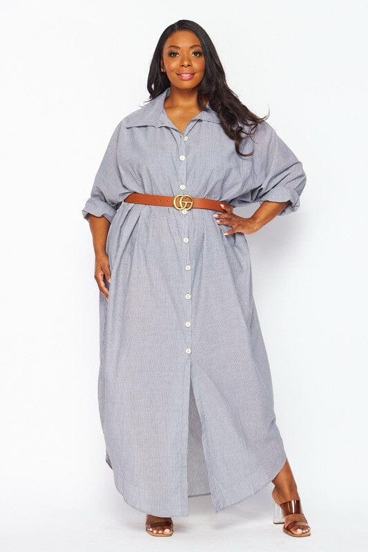 PLUS SIZE LONG SLEEVE BUTTON UP POCKETS STRIPES MAXI TUNIC DRESS
