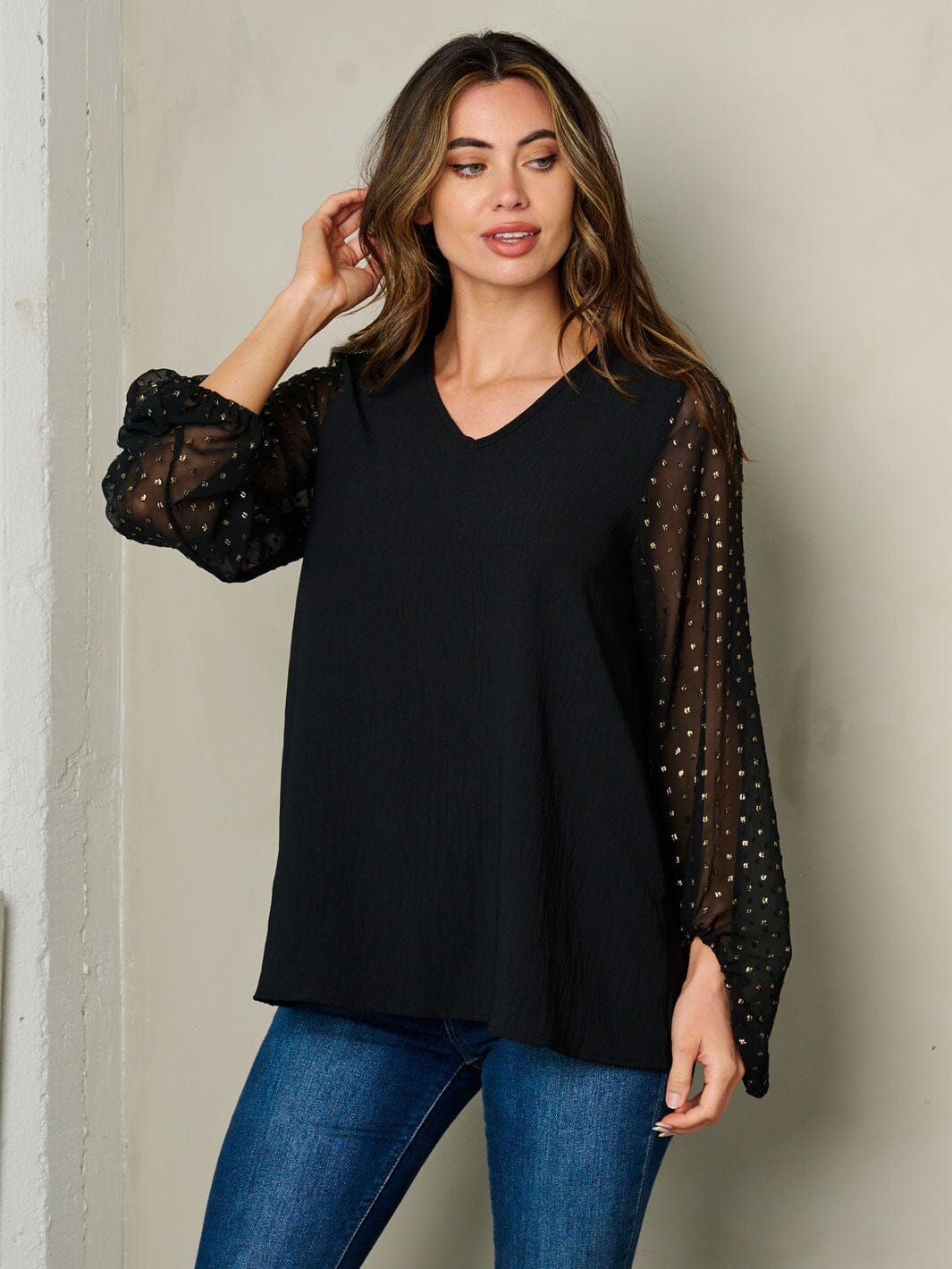 WOMEN'S LONG DETAILED SLEEVE V-NECK BLOUSE TOP