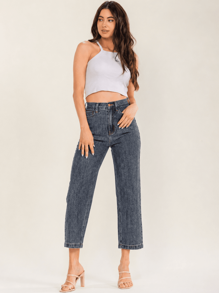 WOMEN'S BUTTON CLOSURE POCKETS STRAIGHT LEG DENIM PANTS