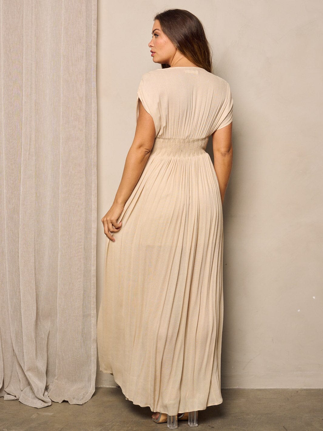 WOMEN'S SHORT SLEEVE SURPLICE SMOCK WAIST MAXI DRESS