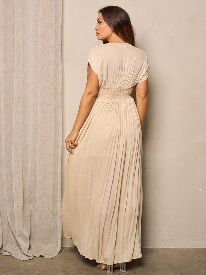 WOMEN'S SHORT SLEEVE SURPLICE SMOCK WAIST MAXI DRESS