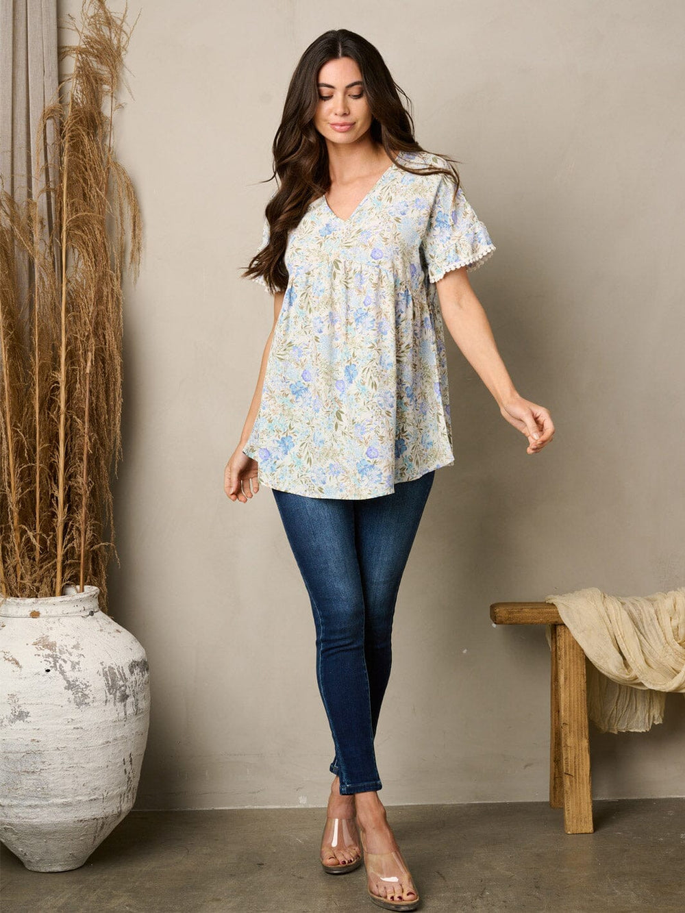 WOMEN'S SHORT SLEEVE V-NECK TUNIC FLORAL TOP