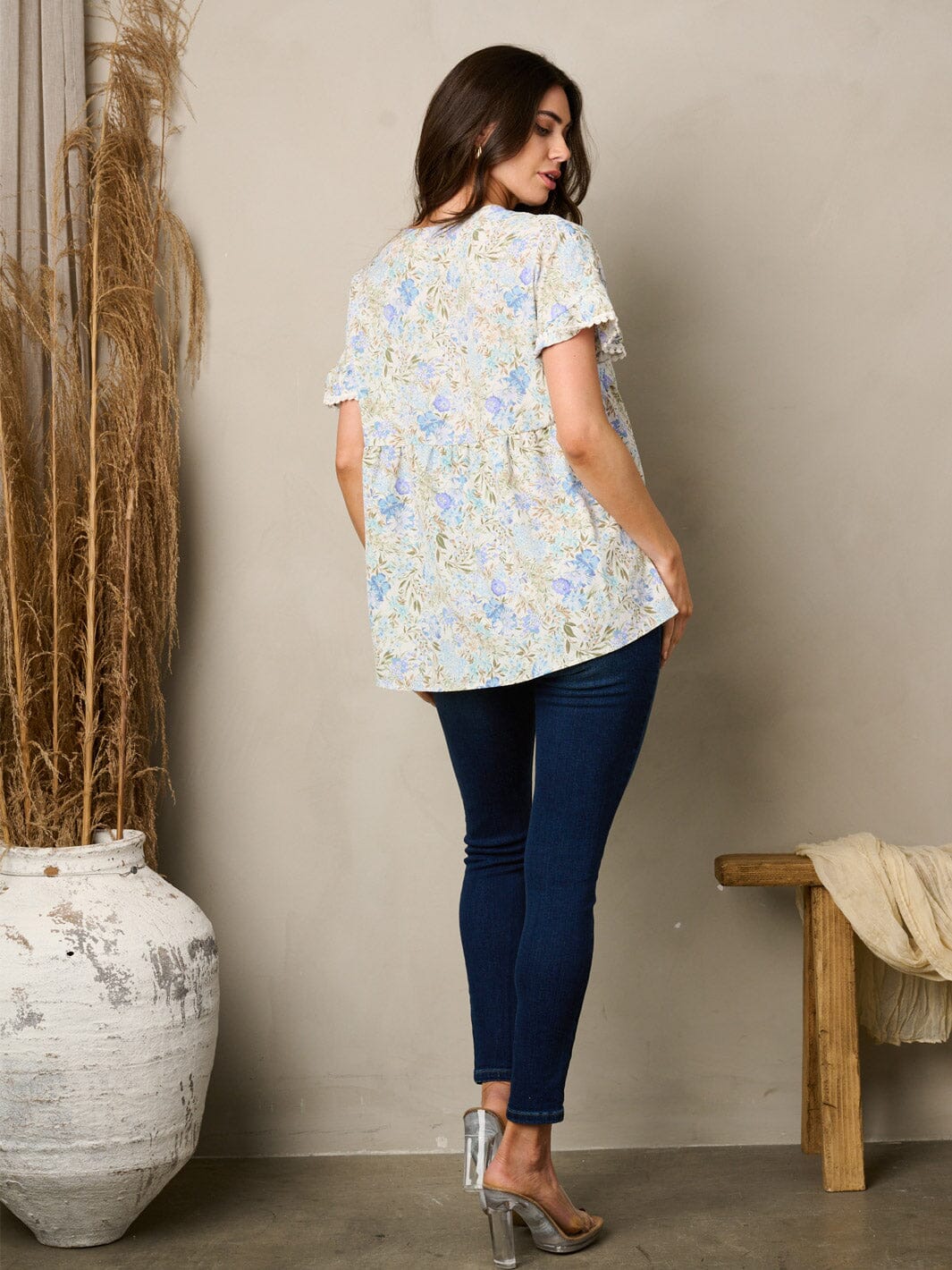 WOMEN'S SHORT SLEEVE V-NECK TUNIC FLORAL TOP