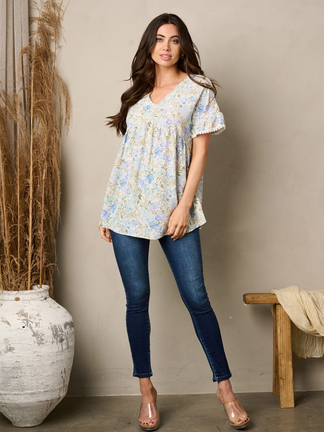 WOMEN'S SHORT SLEEVE V-NECK TUNIC FLORAL TOP