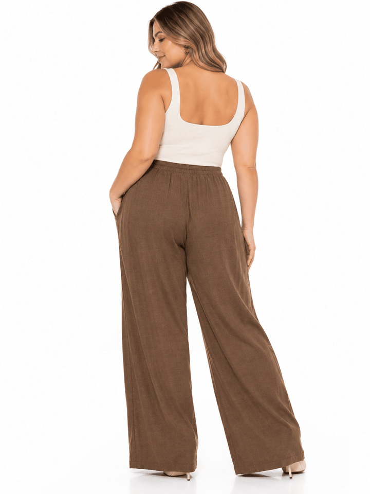 PLUS SIZE ELASTIC DETAILED WAIST FRONT POCKETS WIDE LEG PANTS