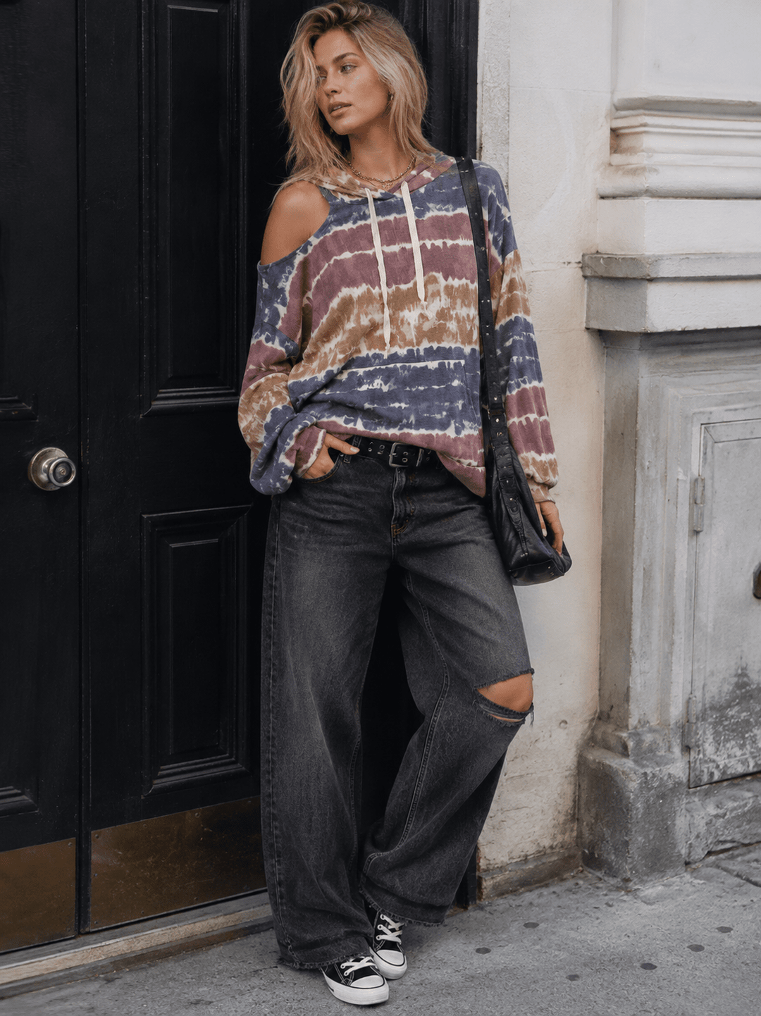 WOMEN'S LONG SLEEVE COLD SHOULDER FRONT POCKET TIE DYE HOODED TOP