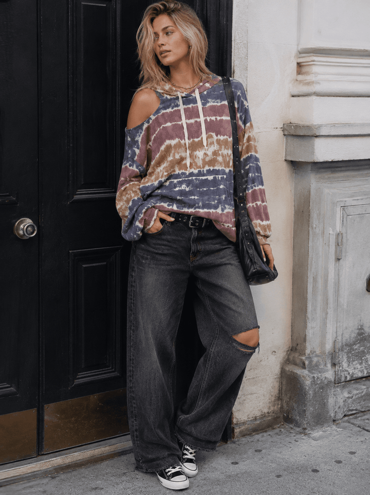 WOMEN'S LONG SLEEVE COLD SHOULDER FRONT POCKET TIE DYE HOODED TOP