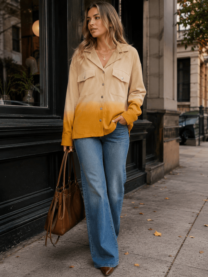 WOMEN'S LONG SLEEVE BUTTON CLOSURE FRONT POCKETS COLORBLOCK OMBRE JACKET