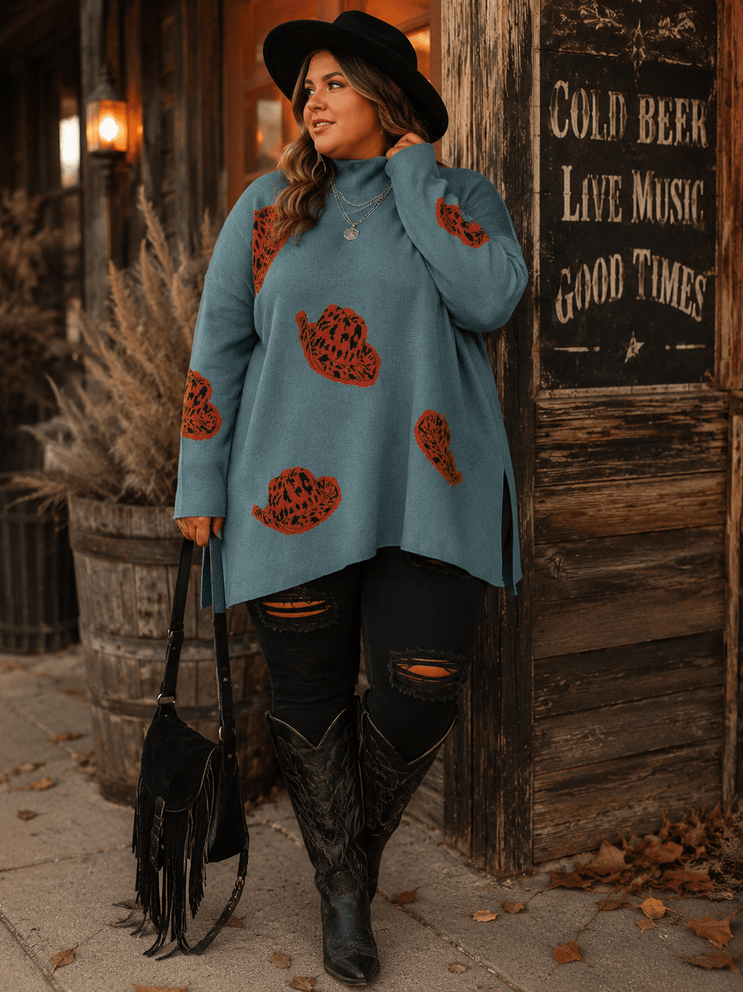 PLUS SIZE LONG SLEEVE MOCK NECK GRAPHIC PULLOVER OVERSIZED SWEATER