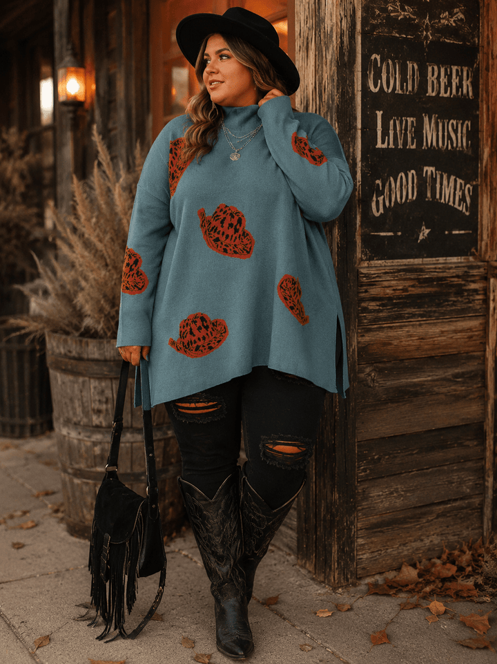 PLUS SIZE LONG SLEEVE MOCK NECK GRAPHIC PULLOVER OVERSIZED SWEATER