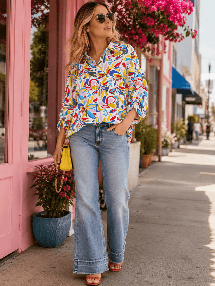 WOMEN'S LONG SLEEVE BUTTON UP FRONT POCKETS MULTI PRINT BLOUSE