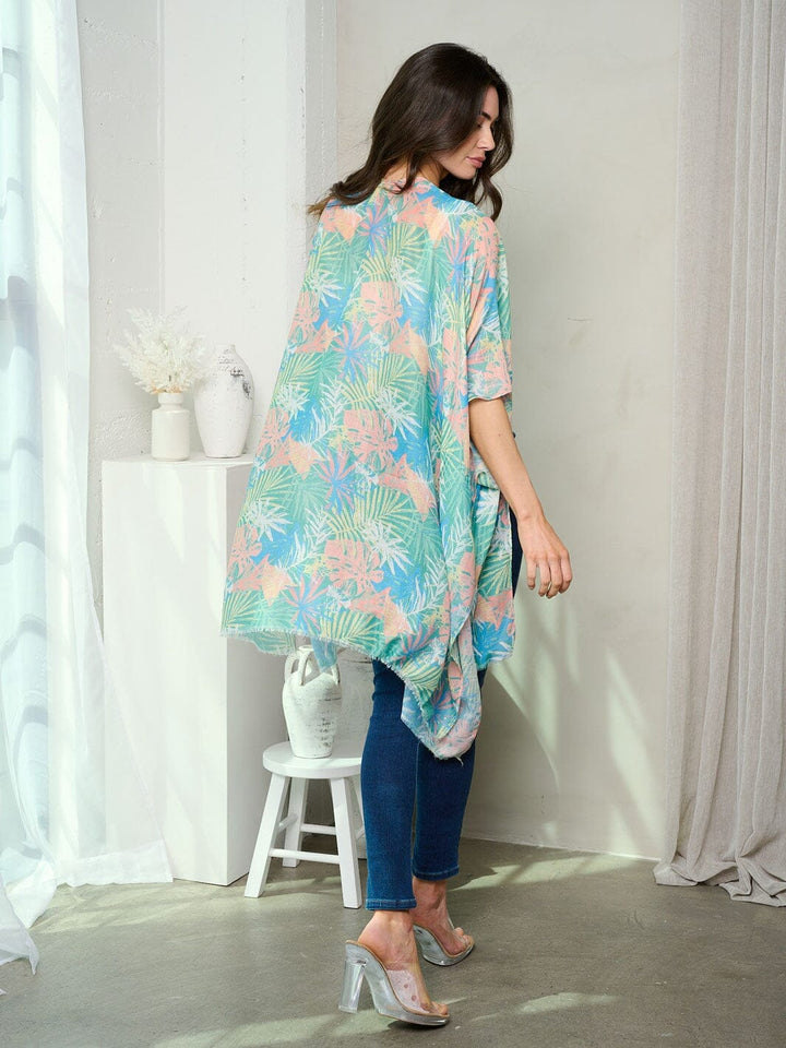 WOMEN'S SHORT SLEEVE OPEN FRONT LEAF PRINT KIMONO