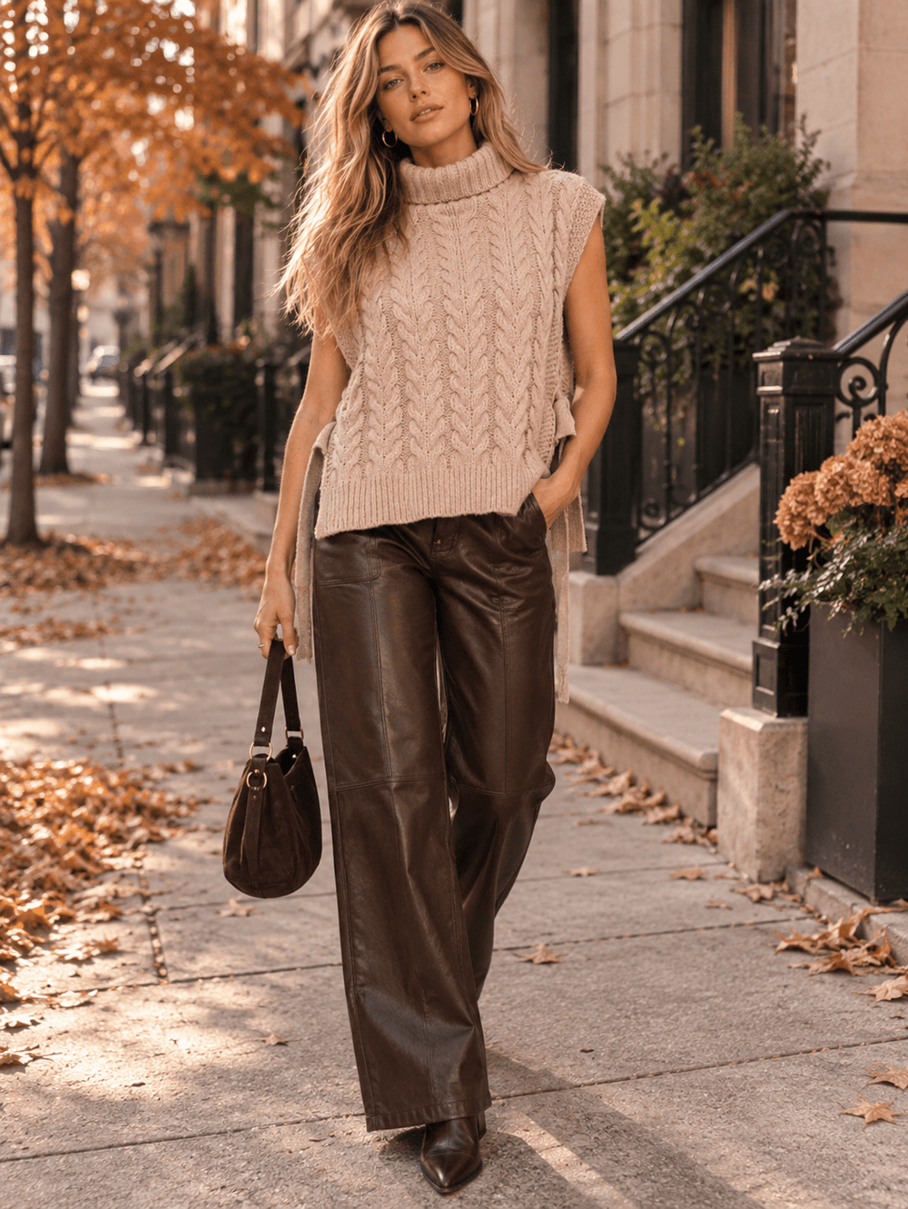 WOMEN'S SLEEVELESS TURTLE NECK CABLE KNIT SWEATER TOP