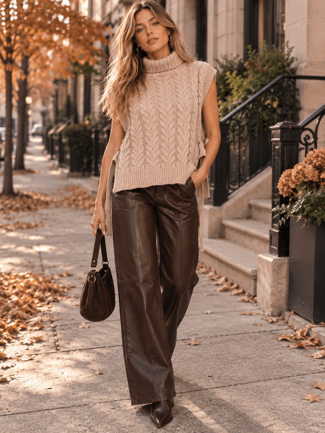 WOMEN'S SLEEVELESS TURTLE NECK CABLE KNIT SWEATER TOP
