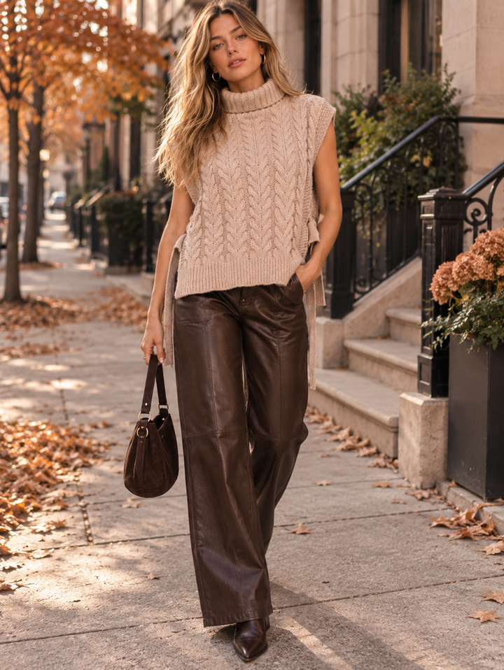 WOMEN'S SLEEVELESS TURTLE NECK CABLE KNIT SWEATER TOP