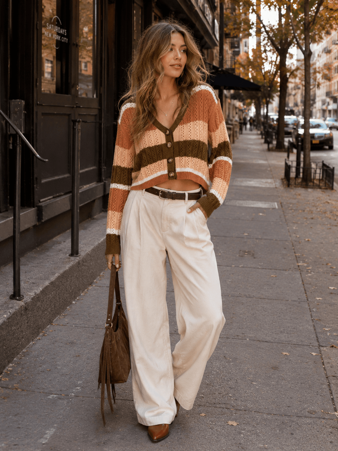 WOMEN'S LONG SLEEVE BUTTON UP COLORBLOCK STRIPES CROP SWEATER