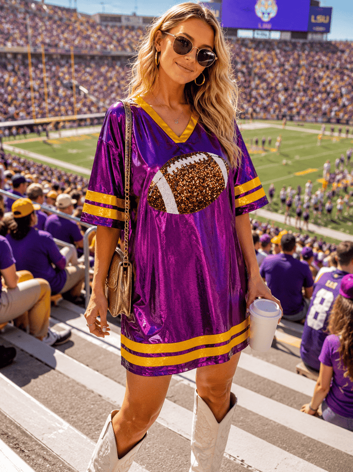 WOMEN'S SHORT SLEEVE V-NECK SEQUINS FOOTBALL LOOSE FIT METALLIC MINI DRESS