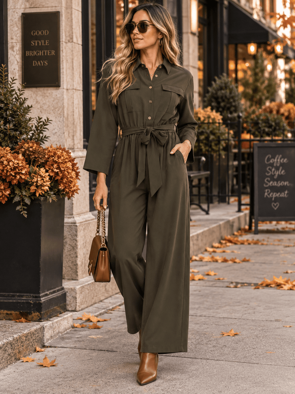 WOMEN'S LONG SLEEVE BUTTON UP FRONT POCKETS ELASTIC WAIST WIDE LEG JUMPSUIT