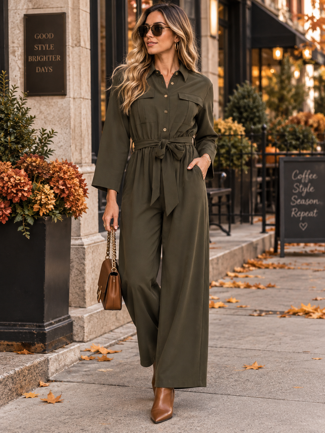 WOMEN'S LONG SLEEVE BUTTON UP FRONT POCKETS ELASTIC WAIST WIDE LEG JUMPSUIT