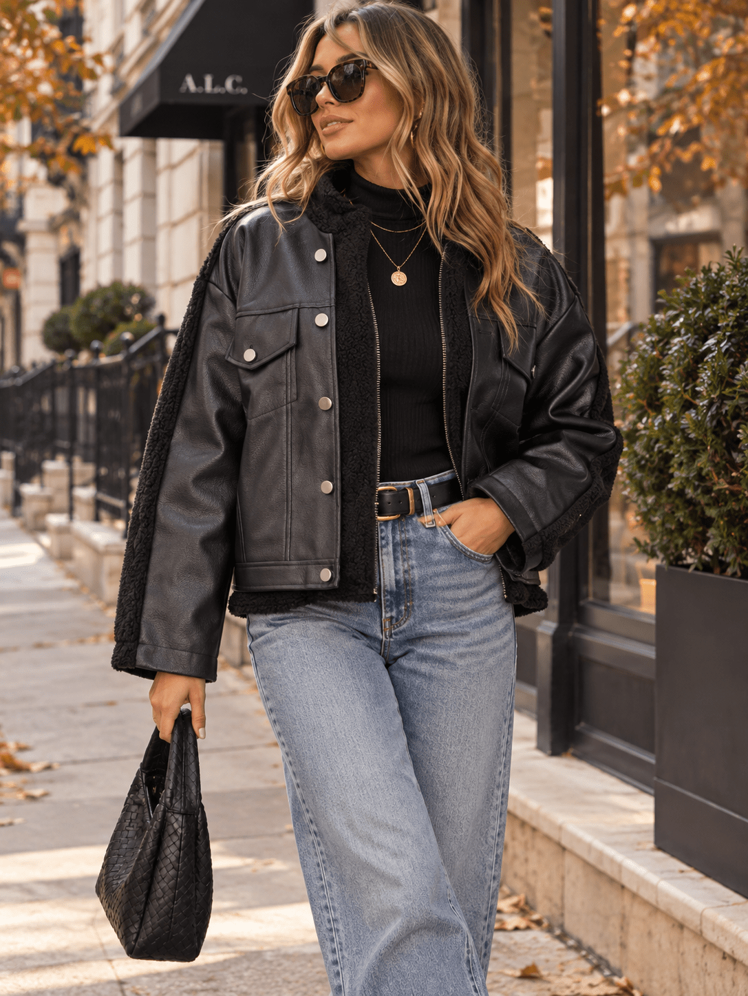 WOMEN'S LONG SLEEVE ZIPPER CLOSURE POCKETS PU PLEATHER SHERPA CONTRAST JACKETS