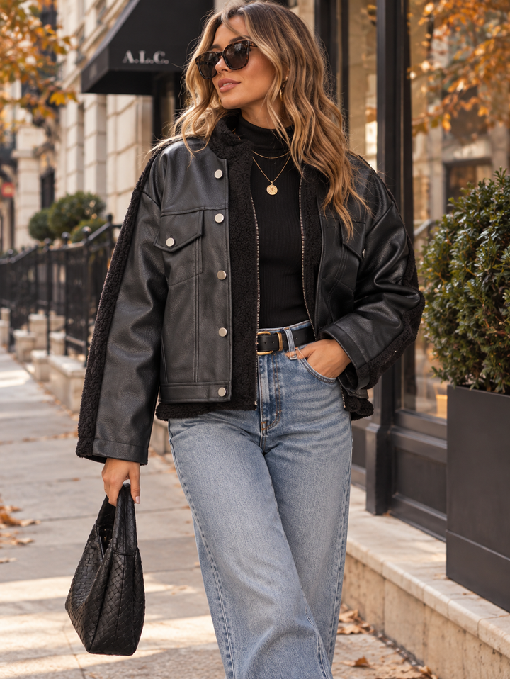 WOMEN'S LONG SLEEVE ZIPPER CLOSURE POCKETS PU PLEATHER SHERPA CONTRAST JACKETS