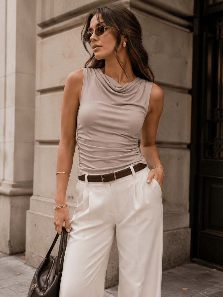 WOMEN'S SLEEVELESS COWL NECK RUCHED TOP