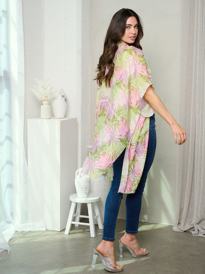 WOMEN'S SHORT SLEEVE OPEN FRONT LEAF PRINT KIMONO