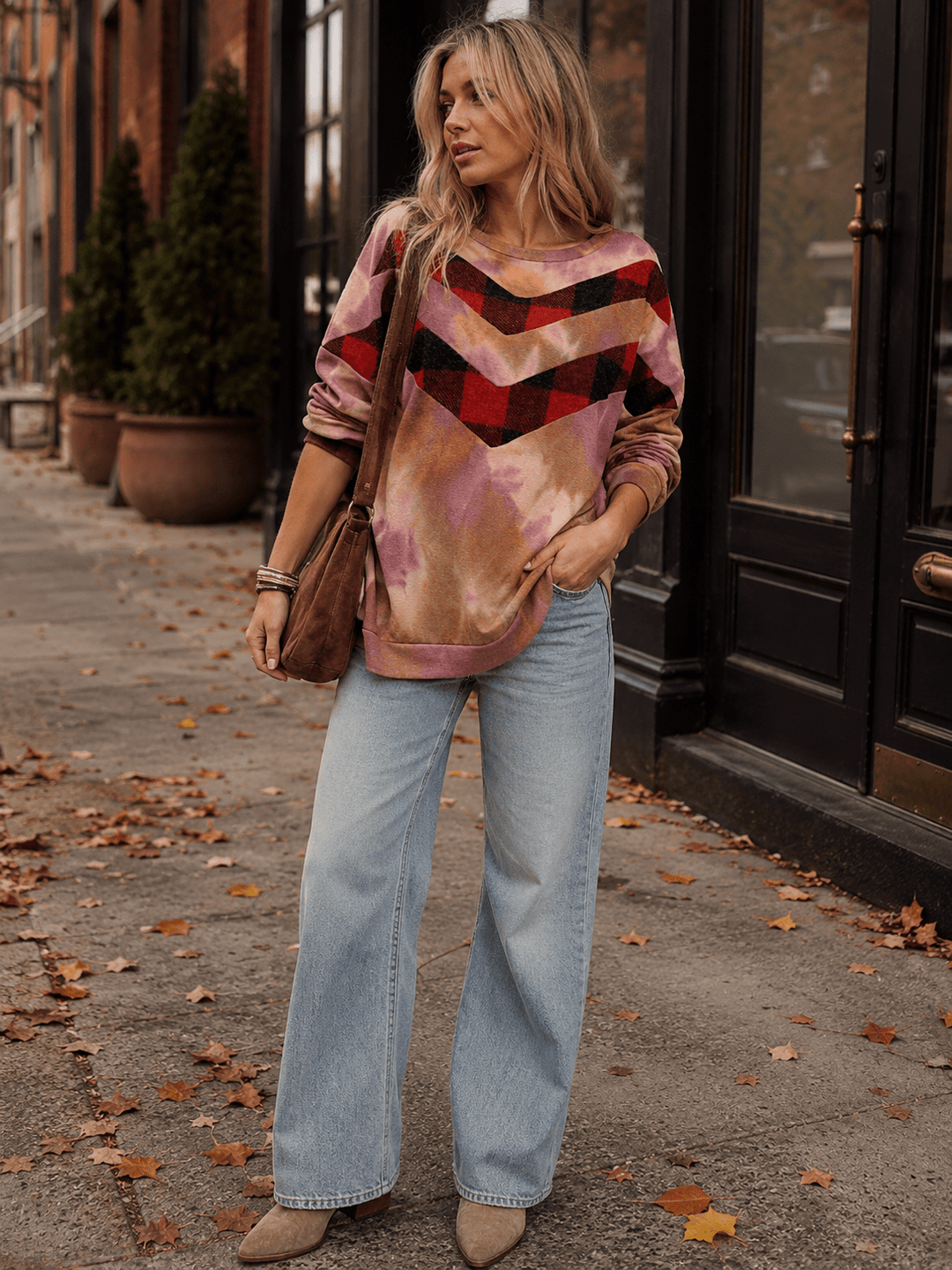 WOMEN'S PLAID TIE DYE CONTRAST LONG SLEEVE TOP