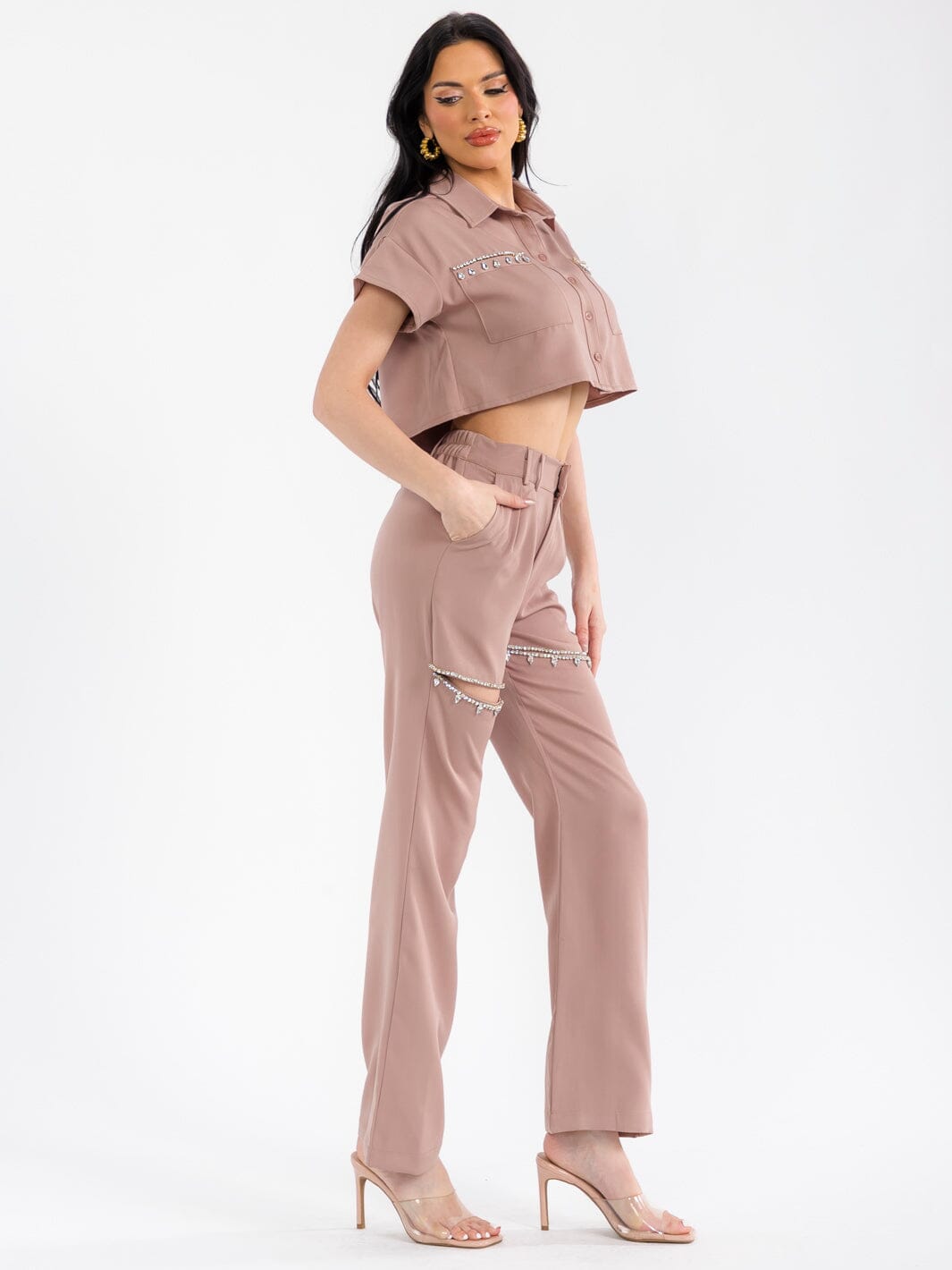 WOMEN'S BUTTON CLOSURE POCKETS STUDS CUT OUT STRAIGHT LEG PANTS