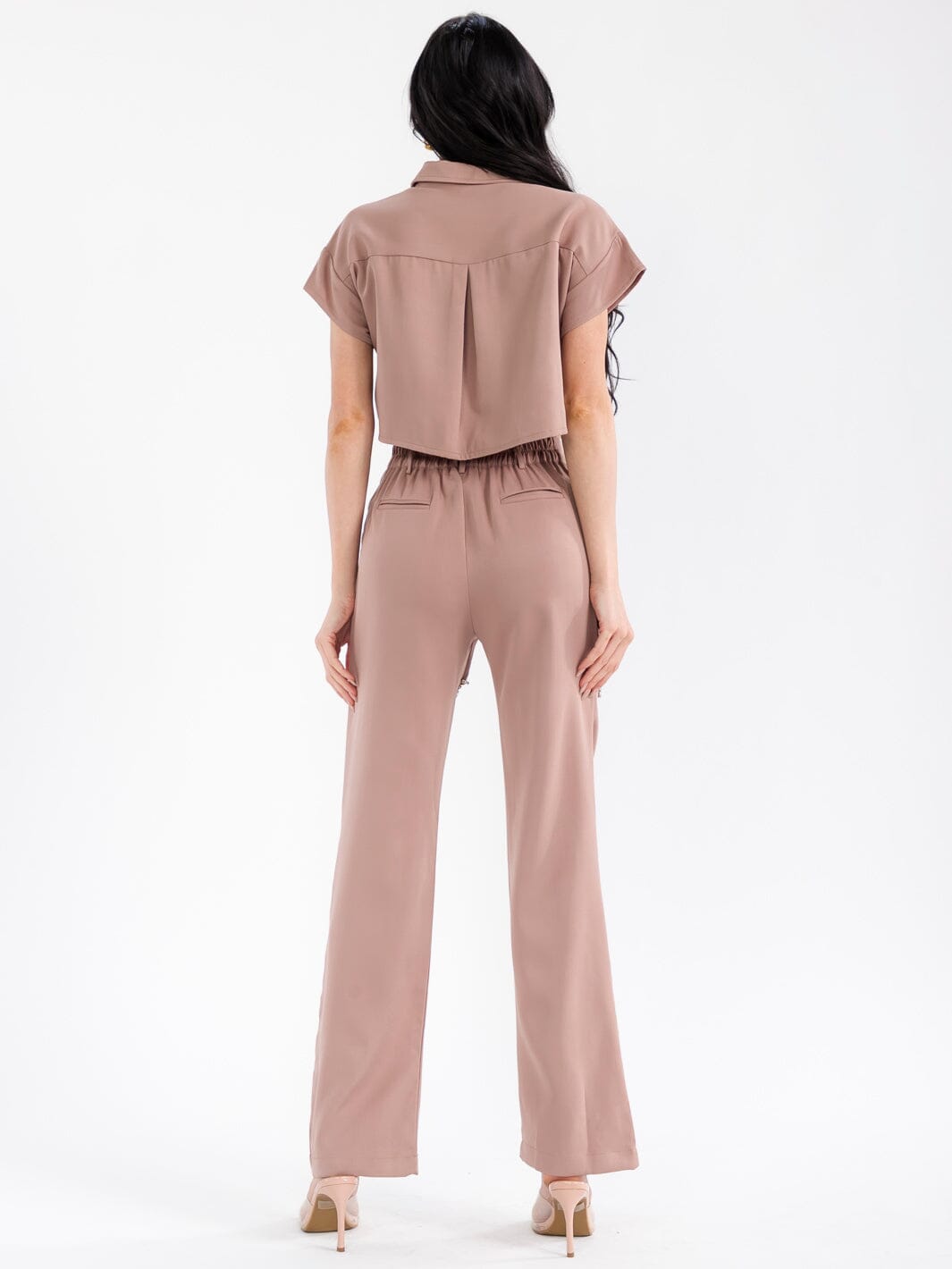 WOMEN'S BUTTON CLOSURE POCKETS STUDS CUT OUT STRAIGHT LEG PANTS