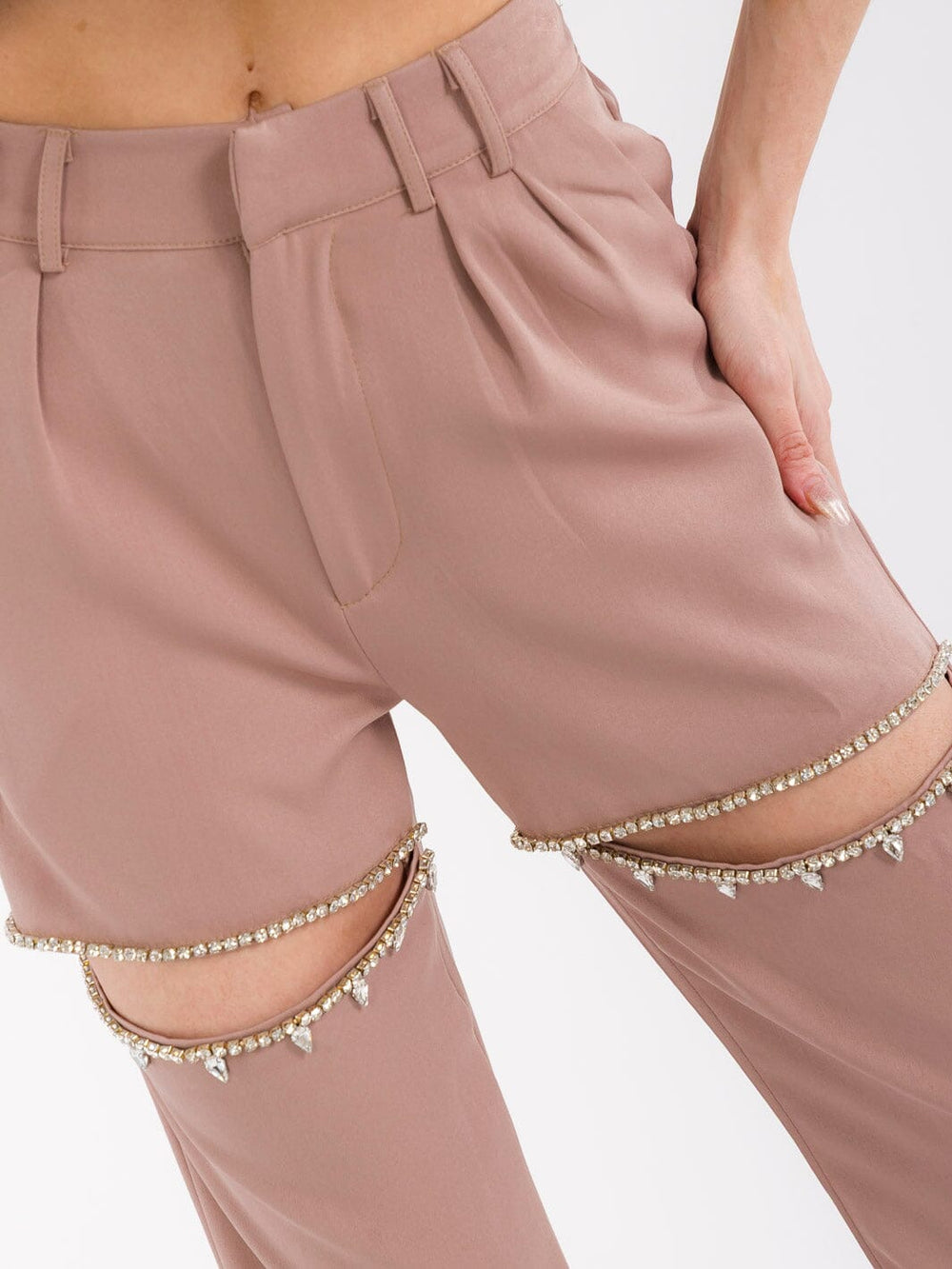 WOMEN'S BUTTON CLOSURE POCKETS STUDS CUT OUT STRAIGHT LEG PANTS