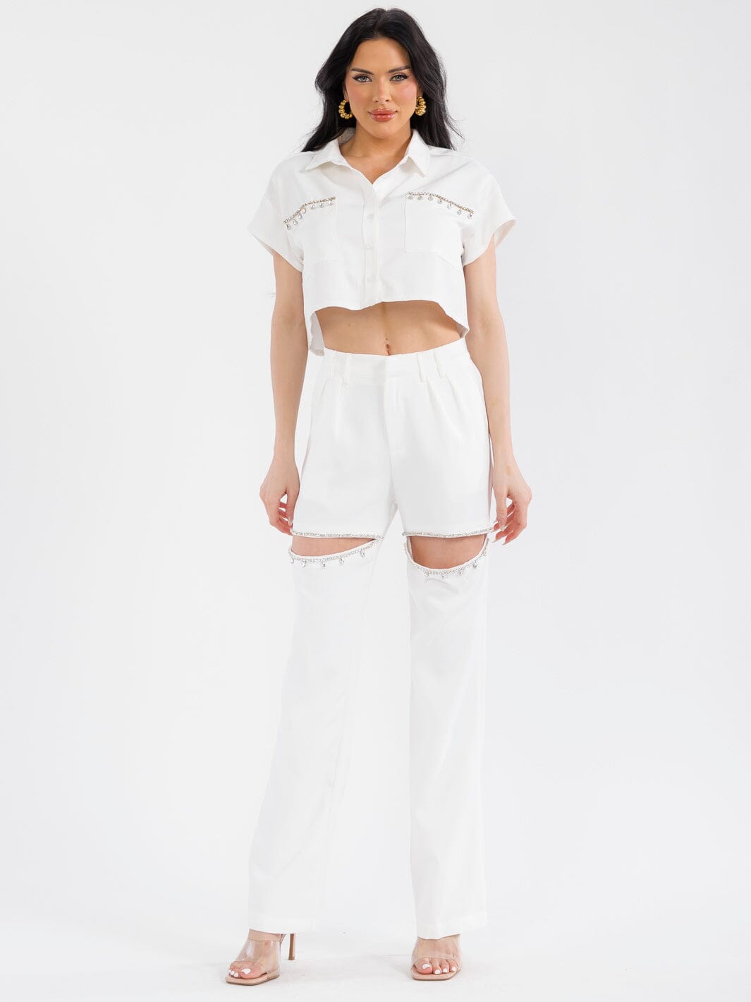 WOMEN'S BUTTON CLOSURE POCKETS STUDS CUT OUT STRAIGHT LEG PANTS